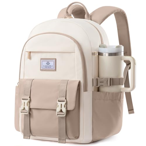 LOVEVOOK School Backpack for Teen Girls Boys,Bookbag for Middle High Student with Pouch Pocket for Large Bottle, Preppy College Bookbag, Waterproof Travel Daypack with 15.6 inch Laptop Compartment - color: Beige-nude-sandstone, size: Medium-15.6" with Sid
