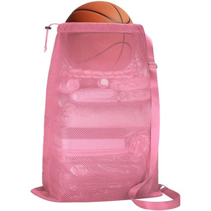 NATURAL STYLE Large Mesh Drawstring Backpack Bag, Gym Sports String Bag, Outdoor Workout Beach Swim Bag (Pink) - color: Pink
