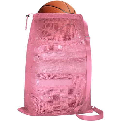 NATURAL STYLE Large Mesh Drawstring Backpack Bag, Gym Sports String Bag, Outdoor Workout Beach Swim Bag (Pink) - color: Pink