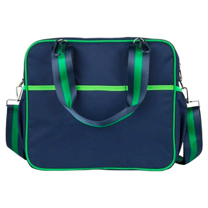 Cute Prepster Pickleball Bag for Women with Fence Hook, Tote with Pockets for Water Bottle, Paddles, Balls, Accessories - color: Navy/Green
