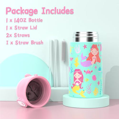 Kids Backpack for Girls 5-8, 4PCS Toddler Backpack with 13oz Kids Insulated Water Bottle, Lunch Box and Pencil Case, Girls Bookbag Schoolbag for Primary Kindergarten Elementary School - color: Green Mermaid