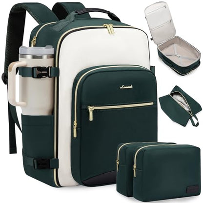 LOVEVOOK 40L Travel Backpack for Women & Men, Airline Approved Carry On Luggage with 3 Packing Cubes, TSA Overnight Bags, Waterproof Personal Item Bag, Weekender Essentials Backpacks fits 17" Laptop - color: Dark Green-beige-black, size: 17.3 Inch-40L-4Pc