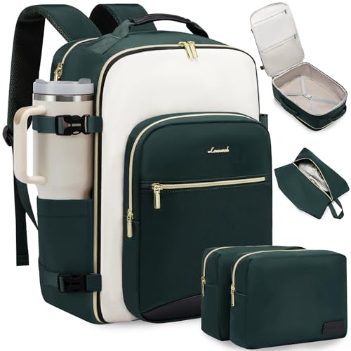 LOVEVOOK 40L Travel Backpack for Women & Men, Airline Approved Carry On Luggage with 3 Packing Cubes, TSA Overnight Bags, Waterproof Personal Item Bag, Weekender Essentials Backpacks fits 17" Laptop - color: Dark Green-beige-black, size: 17.3 Inch-40L-4Pc