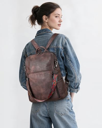 FADEON Leather Backpack Purse for Women Designer Travel Backpack Purses PU Fashion Ladies Shoulder Bag with Tassel - color: 2 Coffee Brown Retro Style