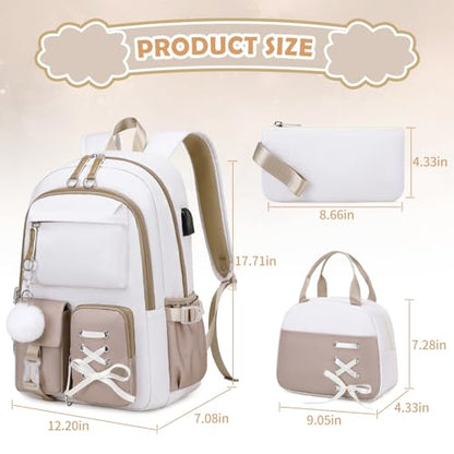 ACESAK Backpacks for Girls, Girls Backpack with Lunch Box and Pencil Case for Teen Kids Elementary Middle High School College Student, Children Backpack Bookbag with USB Charging Port (Khaki) - color: Off-white With Khaki Accent