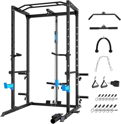 ULTRA FUEGO Power Cage, Multi-Functional Power Rack with J-Hooks, Dip Handles, Landmine Attachment and Optional Cable Pulley System for Home Gym - size: 240LB Weights Package+Flat Bench