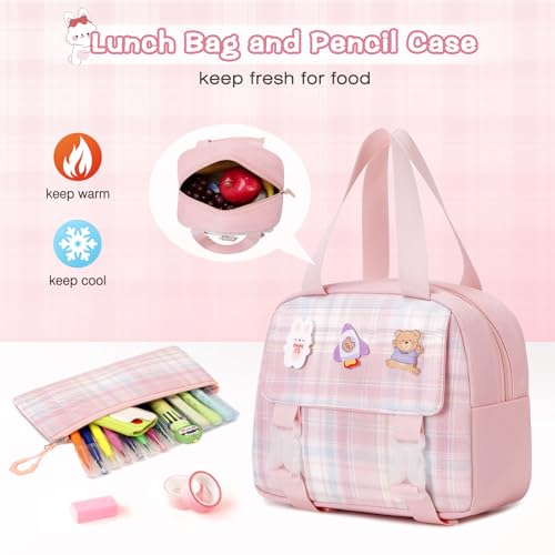 3PCS School Backpack for Girls, Girls Backpack with Lunch Box, Pencil Case, Cute Kawaii Plaid Book Bag for Teen Girl Kindergarten Elementary Preschool Middle High School, Pink - color: Pink