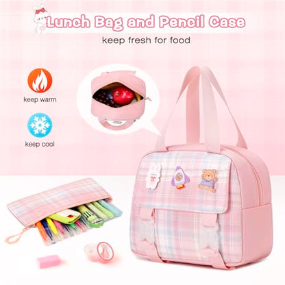 3PCS School Backpack for Girls, Girls Backpack with Lunch Box, Pencil Case, Cute Kawaii Plaid Book Bag for Teen Girl Kindergarten Elementary Preschool Middle High School, Pink - color: Pink