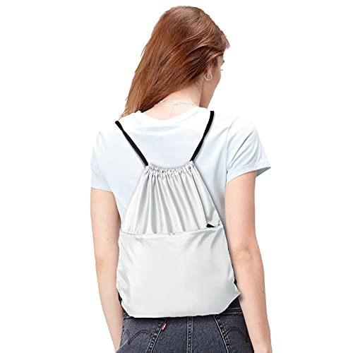 Drawstring Backpack Sports Water Resistant String Bag Sport Gym Sackpack for Women Men Large with Zipper, White - color: White