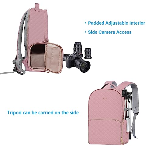MOSISO Camera Backpack with Rain Cover, DSLR/SLR/Mirrorless Rhombus Quilted Camera Bag for Photographers with Tripod Holder&15-16 inch Laptop Compartment Compatible with Canon/Nikon/Sony, Cameo Pink