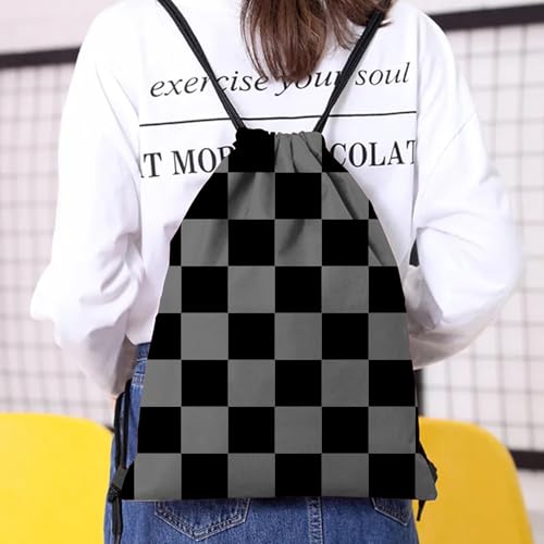 Drawstring Backpack Draw String Bag Waterproof for Sports Gym Beach Travel Cute Aesthetic Sackpack Men Women (13"×17")-Black Gray Checkered - color: S-12-black Gray