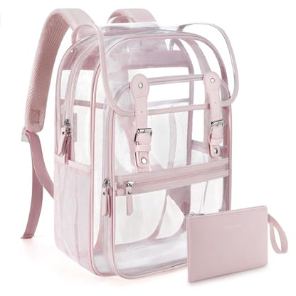 mommore Clear Backpack Heavy Duty Thick PVC Clear Bookbag for School with Pencil Bag Transparent Backpack See-Through Bag - color: Pink, style: Clear Backpack Set