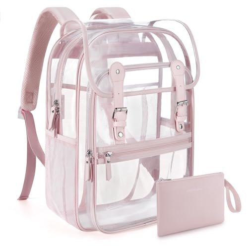 mommore Clear Backpack Heavy Duty Thick PVC Clear Bookbag for School with Pencil Bag Transparent Backpack See-Through Bag - color: Pink, style: Clear Backpack Set