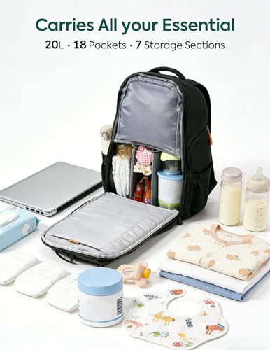 Babelio Grid Wizard Diaper Bag Backpack - Multi Function Waterproof Diaper Bag, Travel Essentials Baby Bag with 4 Individual Organizers, Insulated Bottle Holders, Baby Shower Gifts, Black - color: Black, size: Upgraded - 20L