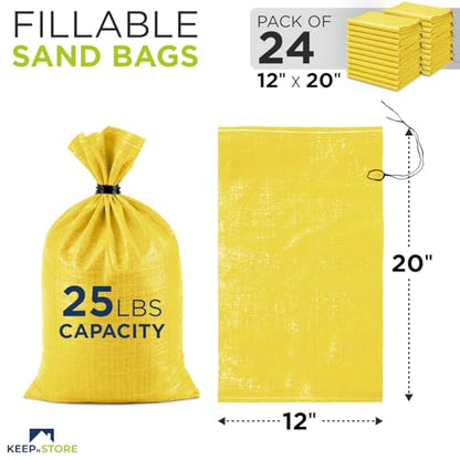 Heavy Duty Sand Bags Pack of 24, Bright Yellow Empty Sandbags with Built-In Ties, Woven Polypropylene UV Protection 1600 Hours, Fillable Bags for Flood Control, Weight, 12x20 inches, 25 Pounds Volume - size: 12"W x 20"L, style: Pack of 24