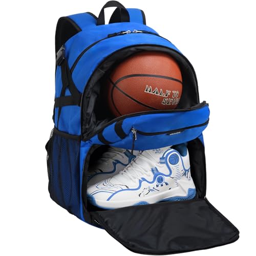Basketball Backpack with Shoe Compartment Large Basketball Bag with Ball Holder for Men Women Gym Backpack fit Volleyball Football for Sports Travel Gym - Blue - color: Blue