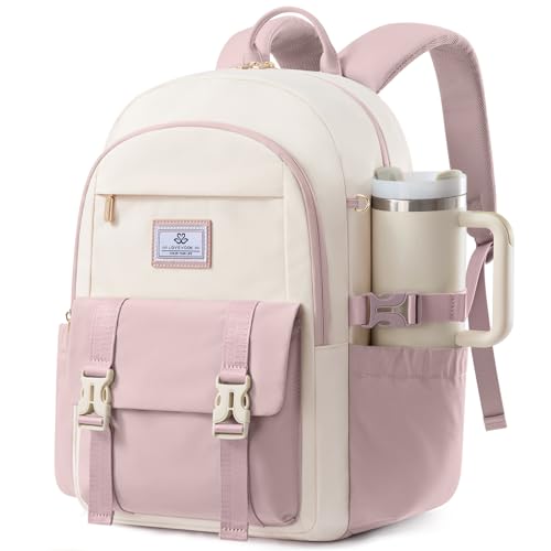 LOVEVOOK School Backpack for Teen Girls Boys,Bookbag for Middle High Student with Pouch Pocket for Large Bottle, Preppy College Bookbag, Waterproof Travel Daypack with 15.6 inch Laptop Compartment - color: Beige-light Pink-light Pink, size: Medium-15.6" w