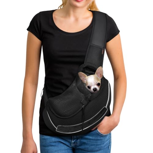 YUDODO Pet Sling Carrier for 2-5 lbs Small Dogs & Cats – Hands-Free Puppy Carrier with Safety Hook, Large Zipper Pocket, Soft Breathable Mesh, Adjustable Strap & Reflective Strip (Black 3.0 S) - color: Black 3.0 Max (Bottom Support), size: Small (2-4.5lbs