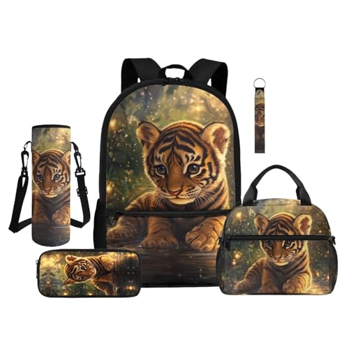 ZDCUSTOM Boys School Backpack with Lunch Box 5PCS, Tiger Cub Bookbag for School, Cute Schoolbags with Water Bottle Sleeves,Pencil Case Keychain, Back to School Gifts for Elementary - color: Tiger Cub