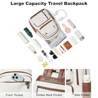 LATMAP Vegan Leather Backpack 17Inch Laptop Backpack for Women Travel Beige | Large capacity, laptop compartment, water-resistant, easy to wipe clean, TSA-friendly, with luggage strap & pickpocket-proof - color: Beige W/ Brown Trim