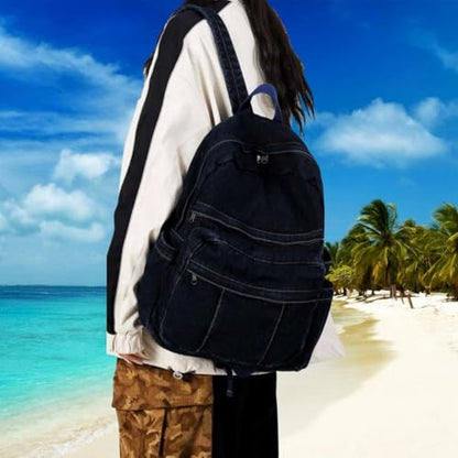 Dark Wash Denim Jean Backpack for Women & Men Retro Aesthetic Rucksack Basic Backpack for High School/College Students Travel Laptop Bag - color: Dark Denim