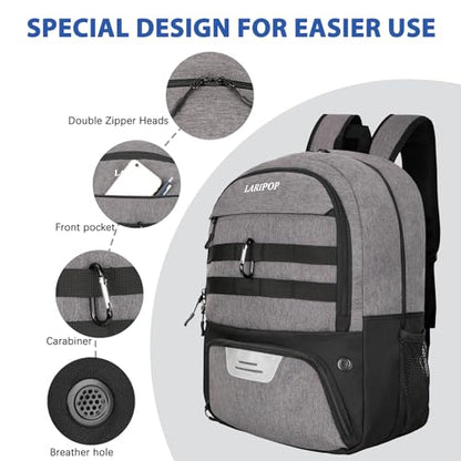 LARIPOP Soccer Backpack with Ball Holder & Shoe Compartment Large Capacity Sports Bag for Training - color: Light gray