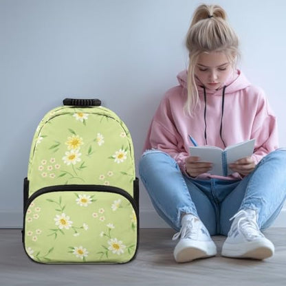 Daisy Green Leaf Print Water-Resistant Polyester School Backpack - 17.3 Inch Laptop Compatible Bookbag with All-over Printing & Bottom for High School/College Daily Use Backpack - color: Daisy Green Leaf Print