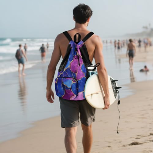 Mens Drawstring Bags Climbing Gym Bag With Water Bottle Pocket String Bookbag Waterproof Marble Royal Blue Hot Pink - color: Color 15