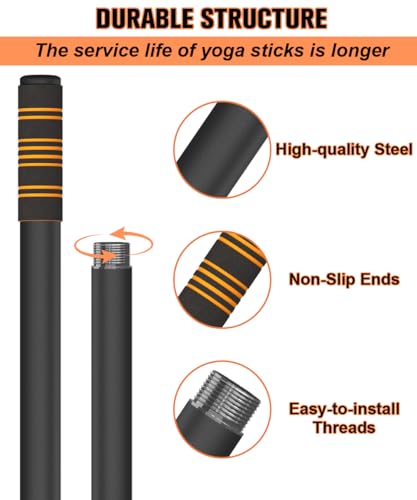 5ft Yoga Stick – Heavy-Duty Steel Adjustable Stretching Bar for Mobility, Flexibility & Balance. Multi-Functional Fitness Pole with 4 Steel Rods & Comfort Foam Grips - color: Black