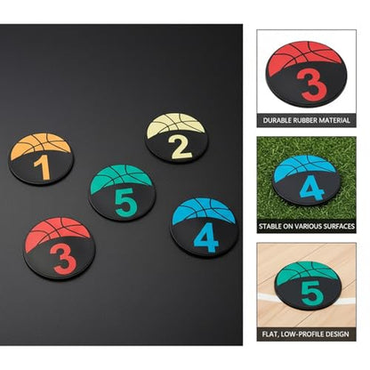 5-Pack Rubber Agility Training Discs with Numbers, Flat Speed Markers for Soccer & Basketball Drills, Low-Profile Cones with Mesh Carry Bag