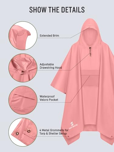 SaphiRose Extra Thick Hooded Rain Poncho Double Layer Waterproof Raincoat Jacket for Men Women Adults - color: Pink (Pause)