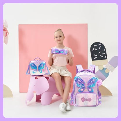 Meetbelify Kids School Backpacks for Girls Boys Backpack with Lunch Bag for Elmentary Students - color: 01 Butterfly