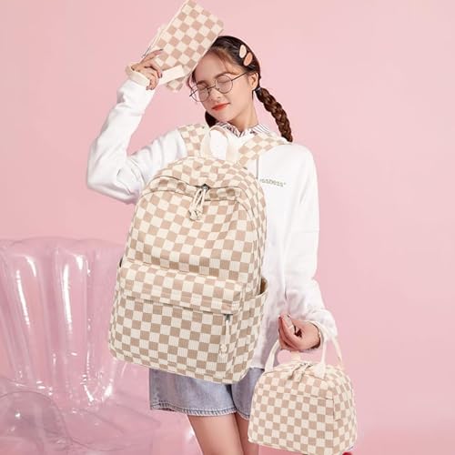 Bluboon School Backpack Set Girls Womens Laptop Bookbag Casual Daypack Fits 15 inch Laptop with Lunch Tote Bag and Pencil Bag - color: Corduroy Checkered Brown
