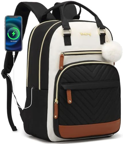 Laptop Backpack for Women, Bookbag for Teacher Work College Back Pack with Charging Hole High School Backpack for Teen Girls Water Resistant, BeigeBlack Brown