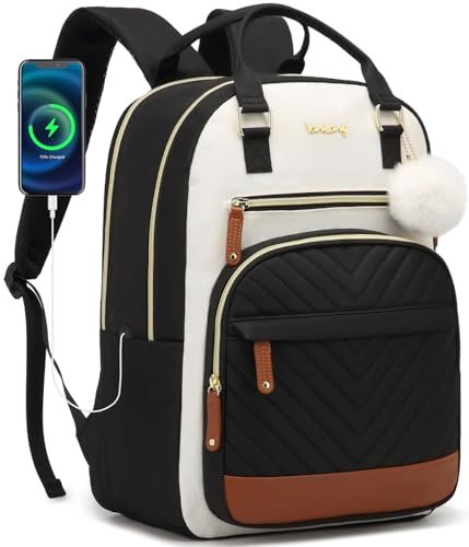 Laptop Backpack for Women, Bookbag for Teacher Work College Back Pack with Charging Hole High School Backpack for Teen Girls Water Resistant, BeigeBlack Brown