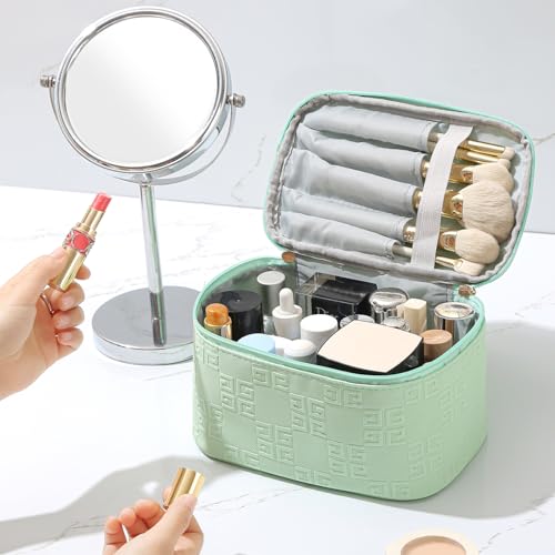 Meiyuuo Makeup Bag Large Cosmetic Bags for Women Girls Cute Travel Zipper Pouch Toiletry Organizer for Beauty Essentials Waterproof (Light Green) - color: Embossing Green