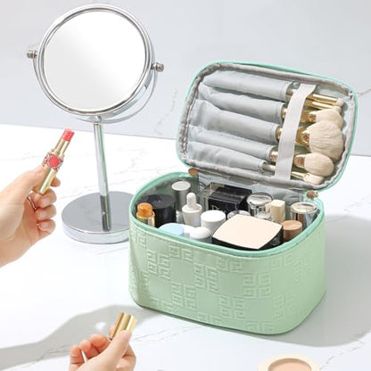 Meiyuuo Makeup Bag Large Cosmetic Bags for Women Girls Cute Travel Zipper Pouch Toiletry Organizer for Beauty Essentials Waterproof (Light Green) - color: Embossing Green