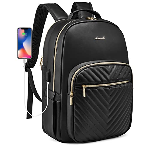 LOVEVOOK Laptop Backpack Purse for Women, Large Capacity Travel Computer Work Bag, Faux PU Leather Quilted Casual Nurse Backpack for Womens, Fit 15.6 Inch Laptop with USB Port, Black - color: Black(pu Leather), size: 15.6-Inch