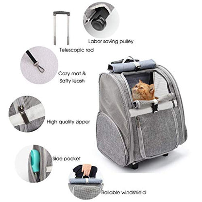 Lollimeow Pet Rolling Carrier, Dog Backpack with Wheels,Cats,Puppies Travel Bag with Wheels,Dog Trolley(Grey)