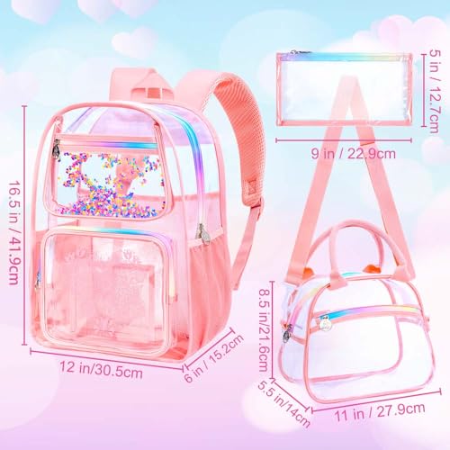 gxtvo 3PCS Clear Backpack, Women’s Sequins Transparent Bookbag Set, Cute Heavy Duty See-Through School Bag for Teens and Elementary Students – Flower Pink Love - color: Flower Pink Love Clear Backpack Set