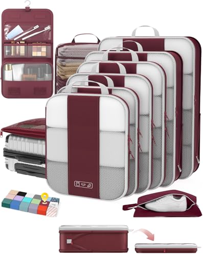 OlarHike 10-Pack Compression Packing Cubes for Travel Essentials,Compressible Expandable Packing Cubes for Suitcase,Luggage Garment Bags for Travel,Handy Helper for Organizing Clothes(Wine Red) - color: Wine Red
