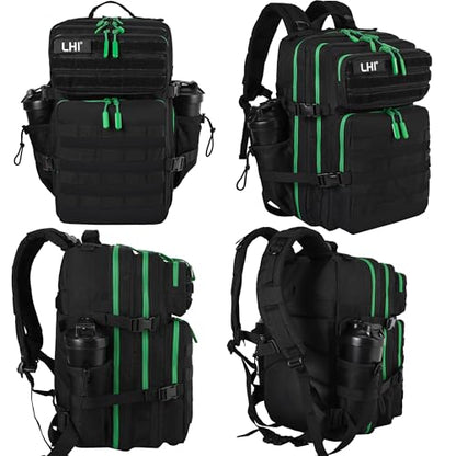 LHI Military Tactical Backpack for Men and Women 45L Army 3 Days Assault Pack Bag Large Rucksack with Molle System - Black with green zipper - color: 1.0 Black With Green Zipper