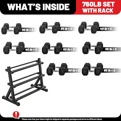PAPABABE Hex Dumbbell Set with Rack, Rubber Encased Free Weight with Weight Storage Racks, Multiple Weight Options for Home Gym and Fitness - style: 760LB with 3-Tier Weight Rack