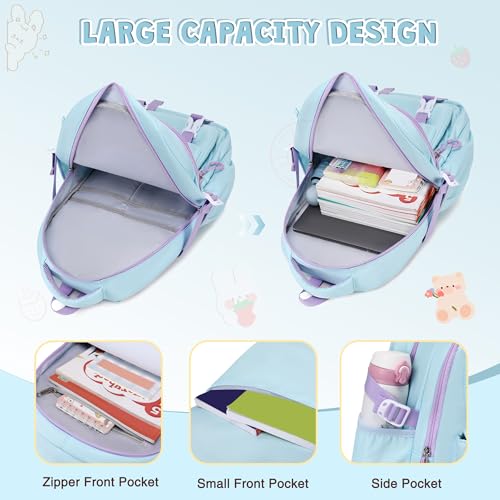 DIGOBAY 3PCS Girls Backpack for School, Cute Kids Backpack for Girls with Lunch Box Pencil Case for Teen Girl Elementary Primary Middle High College School Bookbag with Cute Pins Aquamarine-Purple - color: Aquamarine-purple