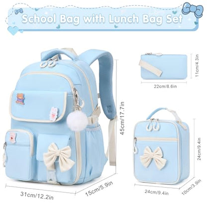 ACESAK Girls Backpack - 3PCS Backpack for Girls Cute School Backpacks for Girl Kindergarten Elementary Preschool Middle Kids School Bags with Lunch Box Pencil Case Set (Blue Beige) - color: Blue Beige