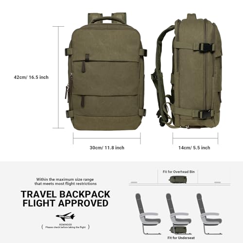 KAUKKO Canvas Travel Rucksack, Large Capacity Carry On Bag with Shoe Pouch and 15.6 inch Laptop Compartment, Flight Approved Outdoor 40L Luggage Weekender Bag, 12-ARMYGREEN - color: 12-armygreen