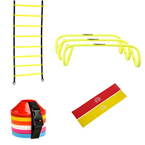 Fitness Health Gym Workout Equipment Sets for Exercise - Includes 1x4 Meter Agility Ladder, 60 Agility Multicolor Cones, 2 Resistance Bands, 3 PCS of Heavy Duty PVC Pipe Training Hurdles