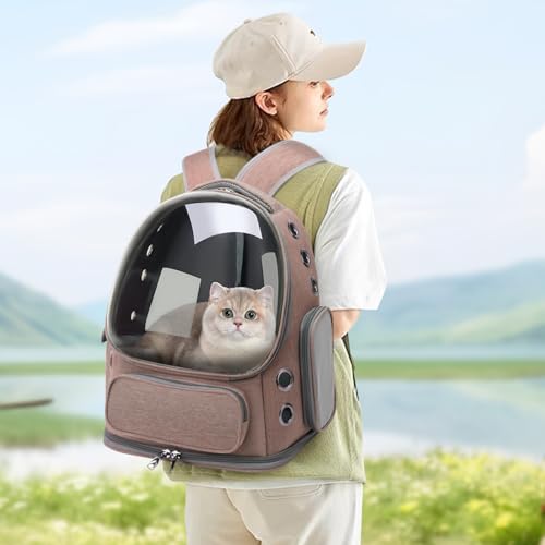 Cat Backpack Carrier for Cats and Small Dogs, Breathable Cat Bubble Backpack, Airline Approved Pet Travel Carrier for Hiking Camping Outdoor(Brown) - color: Brown
