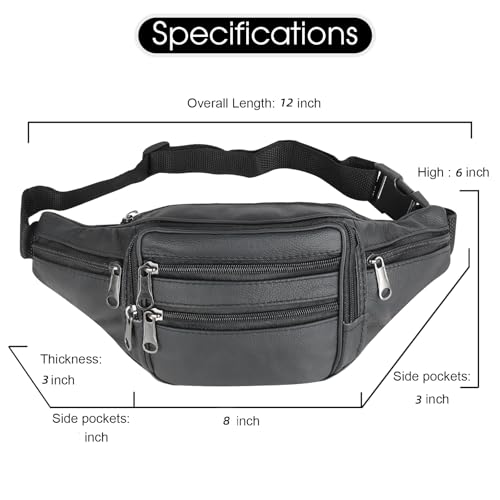 Leather Fanny Pack Travel Waist Bag 7 Pockets Waist Pack.Suitable for Outdoor Mountaineering Travel Camping Cycling Running etc FANNING511 Fanny pack (Black) - color: black