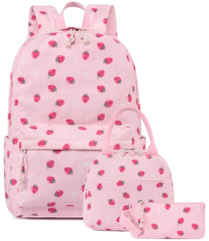 BTOOP School Backpacks for Teen Girls Bookbags Lightweight Kids Backpack School Bags Set with Lunch Box Pencil Case - color: Pink Strawberry
